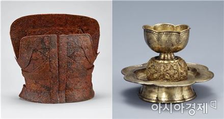 철갑옷, 작가 미상, 삼국시대(가야), 높이 47.5cm, (국립김해박물관 소장.사진 왼쪽)/ 은제도금화형탁잔(보물 제1899호), 작가 미상, 고려(12세기), 높이 12.3cm (국립중앙박물관  소장)

