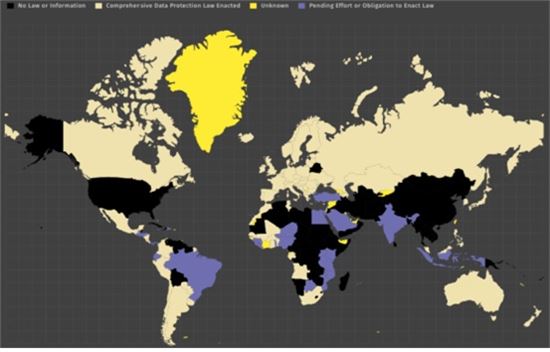 프라이버시 및 개인정보의 이용범위에 대한 법안이 지정된 국가가 옅은 노란색으로 표시돼 있다.