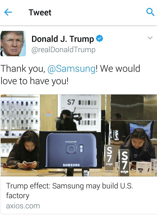 트럼프 “고마워요, 삼성”‥미국 공장 신설 소식에 환영 트윗