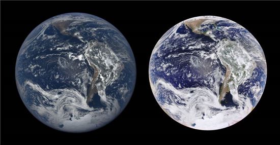 ▲EPIC이 찍은 지구(왼쪽)와 컴퓨터로 화질을 향상시킨 지구(오른쪽).[사진제공=NASA/NOAA]