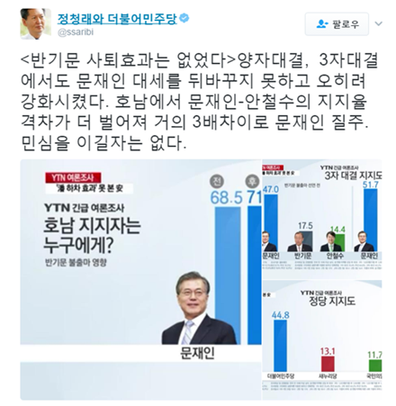 정청래 의원이 반기문 전 유엔 사무총장 대선 불출마 선언 이후의 지지율 격차를 언급했다./ 사진=정청래 의원 트위터