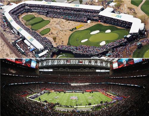 피닉스오픈의 개최지 스코츠데일 16번홀(위)과 슈퍼볼의 격전지 미국 텍사스주 휴스턴 NRG스타디움.