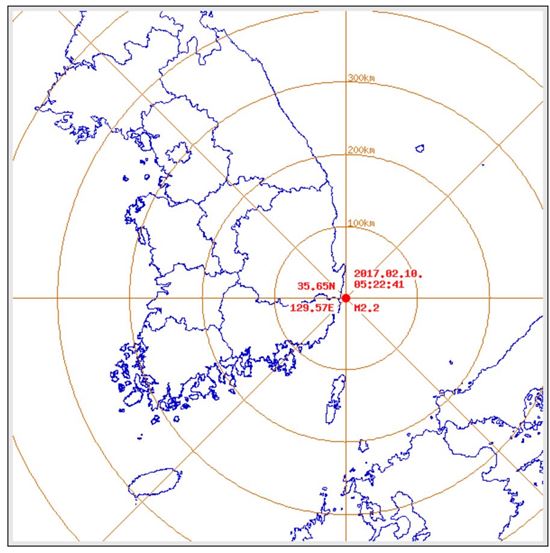 기상청은 10일 오전 5시22분쯤 울산 북구 동북동쪽 20㎞ 해역에서 규모 2.2 지진이 발생했다고 밝혔다. (사진=기상청 홈페이지 캡처)