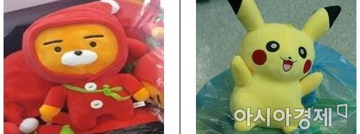 서울 시내 인형뽑기방 등 단속 현장에서 압수된 카카오 '라이언'(왼쪽), 포켓몬스터 '피카츄' 등 짝퉁 캐릭터 인형(사진 제공=특허청)