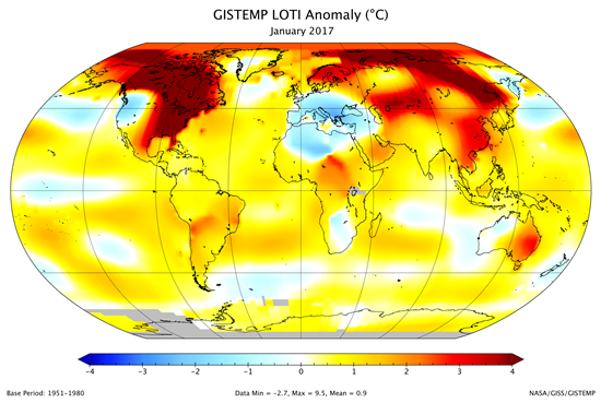 ▲북미와 시베리아, 아시아 지역의 2017년 1월 온도가 상승했다.[사진제공=NASA]