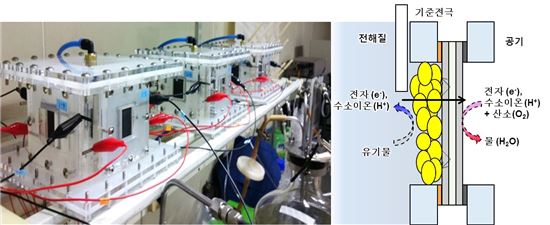 다중전극 미생물 연료전지 시스템의 운전 사진과 작동 원리. 음극부에서 미생물에 의하여 유기물로부터 전자와 수소이온이 생산되고, 생산된 전자와 수소이온이 양극부에서 산소와 반응하여 물이 생성되는 과정에서 두 전극간의 기전력을 통하여 전기에너지를 생산하는 원리.