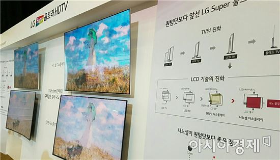지난달 23일 서울 LG전자 서초R&D센터에서 열린 'LG 2017 신제품 발표회'에 전시된 나노셀 기술이 적용된 LCD TV(슈퍼 울트라 HD TV 위쪽)와 기존 LCD TV.