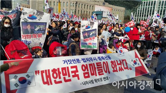 25일 서울시청 앞에서 열린 탄핵반대집회에 아이들을 유모차에 태우고 등장한 '유모차부대'가 집회에 참가하고 있다. 