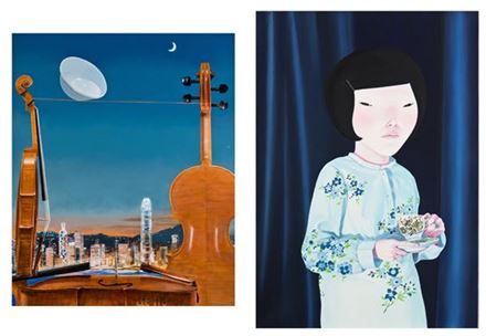 이호철, Untitled, 2016, mixed media on canvas, 162x130cm(사진 왼쪽)/ 이소연, Blue Curtain, 2008, oil on canvas, 130x90cm