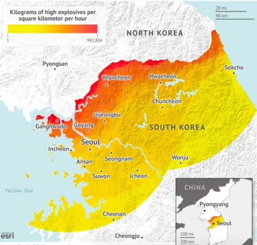 스트래트포가 예상한 북한 야포공격  범위