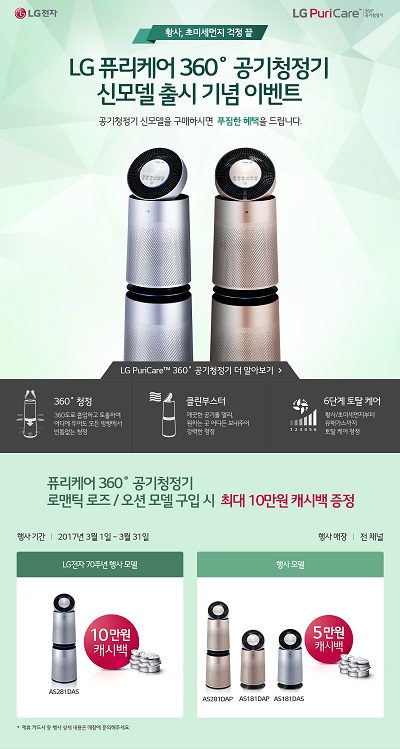 LG 퓨리케어 360˚ 공기청정기, 컬러모델 출시 기념 캐시백 이벤트 진행