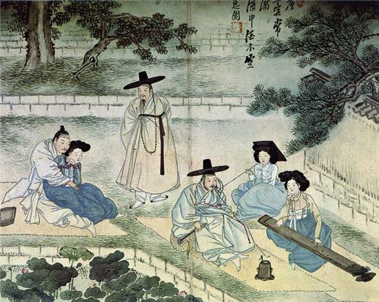조선시대 관료사회에서는 뇌물의 하한선으로 통용되는 '다섯들이'가 있었다. 사진 = 신윤복, 聽琴賞蓮, 28.3cm x 35.2cm, 간송미술관