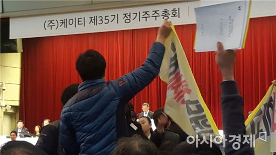 황창규 회장의 연임을 반대하는 KT 새노조 및 KT 민주동지회 측과 일부 소액 주주들의 반발로 주주총회장이 아수라장이 됐다.