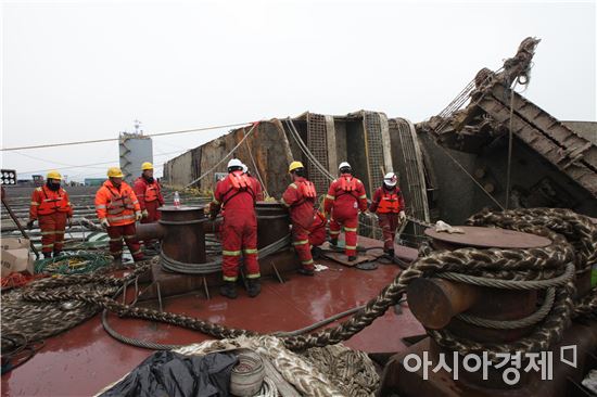 24일 상하이샐비지 작업자들이 세월호 선체를 잭킹바지선에 결박하고 있다.(사진:해양수산부)