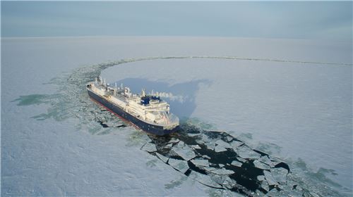 ▲대우조선해양이 세계 최초로 건조한 쇄빙LNG선이 얼음을 깨면서 운항하고 있다.