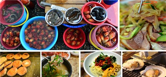 먹거리도 풍성하다. 자갈치시장의 해산물, 냉채족발, 가리비치즈구이, 비빔당면, 돼지국밥, 씨앗호떡(사진 위 왼쪽부터 시계방향)