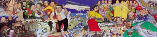 홍성담의 대형 걸개그림 '세월오월'(가로 10.5m, 세로 2.5m). 광주 5월 항쟁의 주역이었던 '5월 어머니'들이 침몰한 세월호를 들어올리는 모습을 형상화했다.
