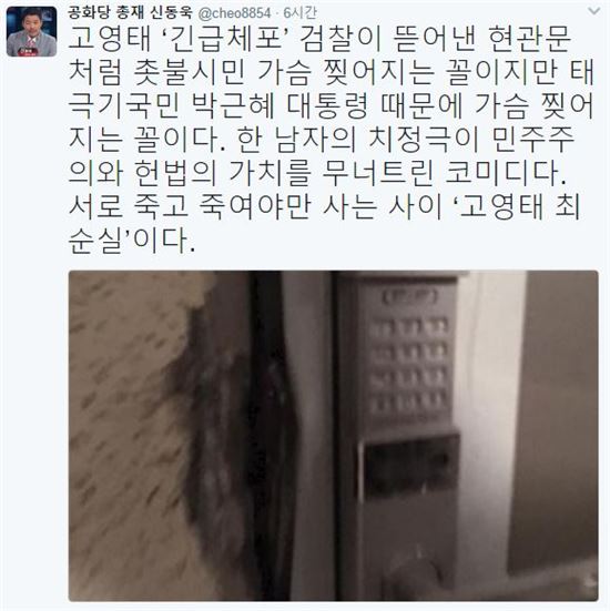 신동욱 공화당 총재가 고영태 전 더블루 K 이사(41)의 긴급 체포에 대해 " 남자의 치정극이 민주주의와 헌법의 가치를 무너뜨린 코미디다"고 말했다/사진= 신동욱 '트위터' 캡처  