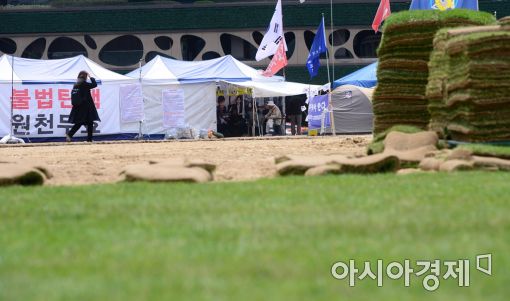 [포토]서울광장 일부 잔디 식재