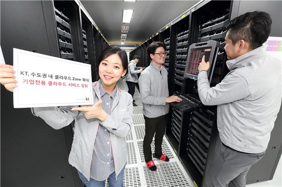 KT가 서울 목동 CDC(Cloud Data Center) 2센터에 기업전용 클라우드 Zone인 서울-M2존(Seoul-M2 Zone)을 구축하고 수도권내 기업전용 클라우드 서비스를 강화한다고 밝혔다. KT 직원들이 목동 CDC2센터에서 '서울-M2'존에서 일하는 모습. 