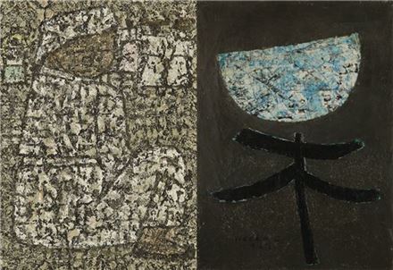 박수근, ‘여인’, oil on board, 18×12㎝, 1964(사진 왼쪽)/ 장욱진, ‘월목’, oil on canvas, 53.5×38㎝ 

