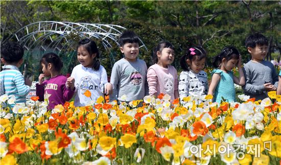  27일 전남 함평군 함평읍 함평엑스포공원에 봄소풍을 나온 아이들이 나비를 쫓아 양귀비꽃밭에서 즐겁게 놀고있다. 노해섭 기자 nogary@
