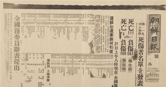 4.19사망자 명단을 보도한 1960년 4월21일자 호외.