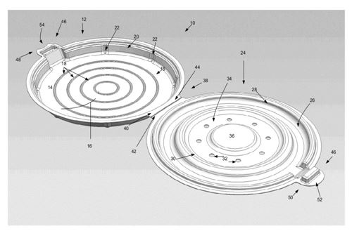 애플이 특허를 출원한 피자 상자. 상자 상단의 구멍과 바닥의 원형홈이 수증기의 흐름을 원활하게 해 피자가 눅눅해지는 것을 막아준다고 한다.