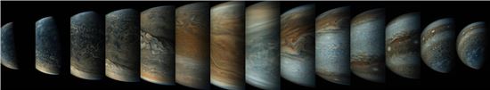 ▲주노 탐사선이 목성에 가깝게 접근하면서 찍은 연속 사진.[사진제공=NASA]