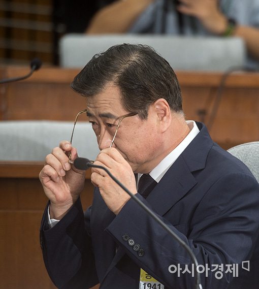 [포토]안경 바로쓰는 서훈 국정원장 후보자