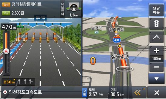 현대엠엔소프트가 31일 지니 등 주요 내비게이션 소프트웨어의 지도 업데이트를 실시한다고 밝혔다. 사진은 인천-김포 고속도로 청라원창톨게이트 화면.