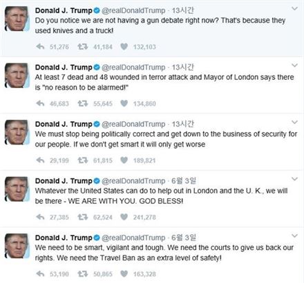 도널드 트럼프 미국 대통령이 3일(현지시간) 런던테러 발생 이후 올린 트위터 글
