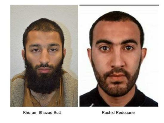 5일(현지시간) 영국 경찰이 공개한 런던브리지·버러마켓 테러 용의자 쿠람 버트(왼쪽)와 라치드 레두안. (사진=AP연합뉴스)