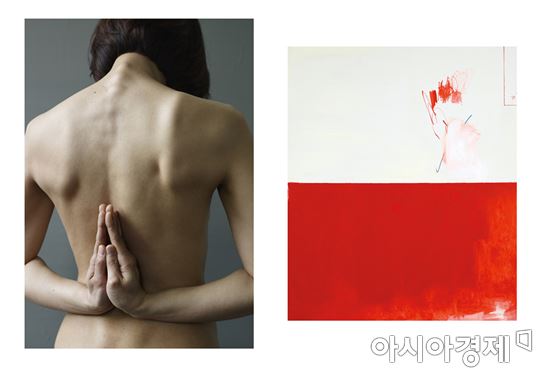 정희승_Untitled, 2014, Archival pigment print, 156x225cm(왼쪽) / 백현진, 붉은 끼, 2015, Oil, colored pencil on canvas, 180 x 150cm
