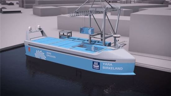 야라 인터내셔널이 내년부터 운항할 무인선박 '야라 버클랜드'. 전기로만 움직이며 탄소 배출이 전혀 없는 친환경 선박으로, 해양환경보호에 큰 역할을 할 것으로 예상된다.