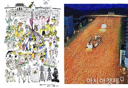 김봉준, 촛불시민승리의 날-촛불시민평화혁명-역사풍속화 5, 2017, 종이에 먹, 120×182cm(왼쪽)/ 임영선, 촛불 혁명, 2017, 182×227cm, 캔버스에 유채

