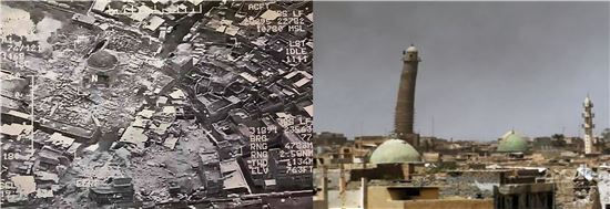 IS의 폭파로 알누리 대모스크와 첨탑이 있던 자리가 폐허로 변해버린 모습(왼쪽)과 폭파 전 촬영된 기울어진 첨탑 모습. (사진=이라크군 제공, BBC캡처)