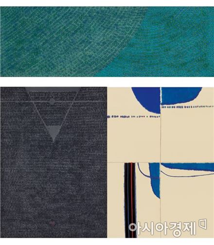 김환기, 18-II-72 #221, 48.5×145.1cm, 코튼에 유채, 1972(가장 위, 국내 경매 낙찰가 2위), 김환기, 4-Ⅵ-74 #334, 120.6×86cm, 코튼에 유채, 1974(왼쪽 아래, 낙찰가 3위), 김환기, 19-V-69 #57, 176×125cm, 캔버스에 유채, 1969(오른쪽 아래, 낙찰가 5위)



