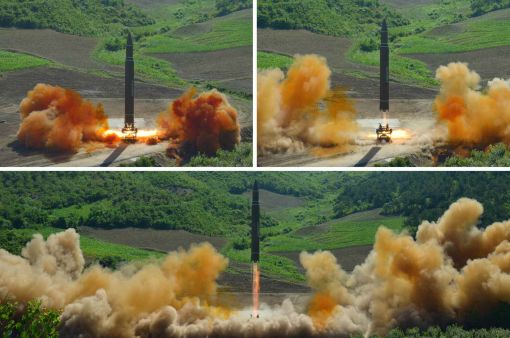 북한이 지난 4일 실시한 대륙간탄도미사일(ICBM) '화성-14' 발사 장면. (사진=연합뉴스)