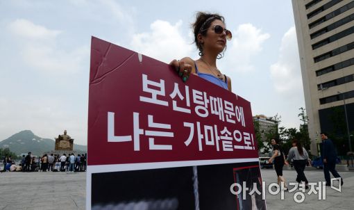 자료 사진. 한 외국인이 서울 광화문광장에서 보신탕 반대 1인 시위를 하고 있다.