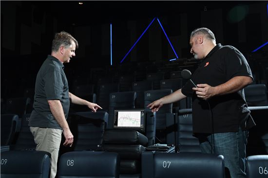 극장 사운드 시스템의 선두 주자인 하만의 사운드 전문가 (왼쪽부터) 폴 피스와 댄싼즈가 세계 최초로 삼성전자 '시네마 LED'가 설치된 롯데시네마 월드타워 영화 상영관 'SUPER S'에서 사운드 튜닝 작업을 하고 있다.

