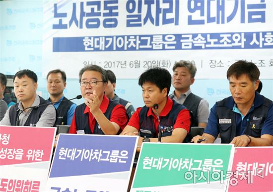 2017년 6월 20일 박유기 현대차노조위원장이 금속노조와 함께 현대차그룹에 일자리연대기금 조성을 제안하는 기자회견을 열고 있다. 