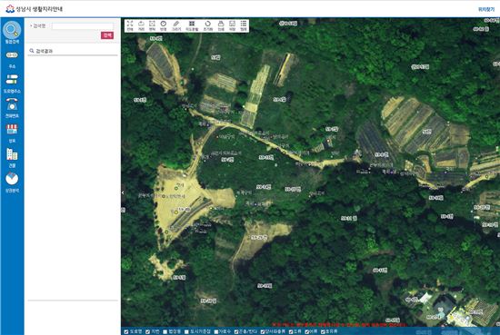 성남시의 도심생태현황 디지털지도에 표시된 동식물 분포도