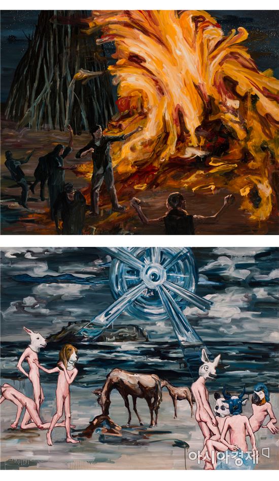 밤  oil on canvas  130×161.5㎝  2016(위)/ 낙원의 재건  oil on canvas  130×161.5㎝  2016-2017