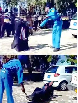 수단에서 한 여성이 청바지를 입었다는 이유로 경찰에게 채찍질 당하고 있다. 사진=유투브 캡쳐