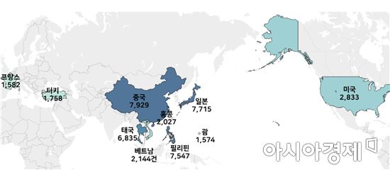 해외 여행 소비자 불만 상위 10개국(2010~2016년) 