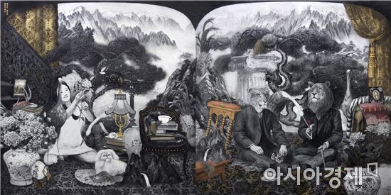 라이거와 타이곤의 초상_순지에 분채, 금박_2017,360x180cm