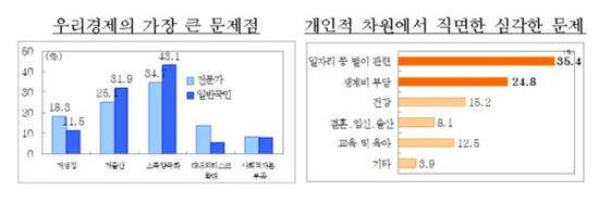 ▲우리경제의 가장 큰 문제점과 개인적 차원에서 직면한 심각한 문제 관련 설문조사 [자료 = 기획재정부, KDI]