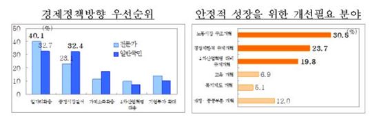 ▲경제정책방향 우선순위와 안정적 성장을 위한 개선필요분야 관련 설문조사 [자료 = 기획재정부, KDI]