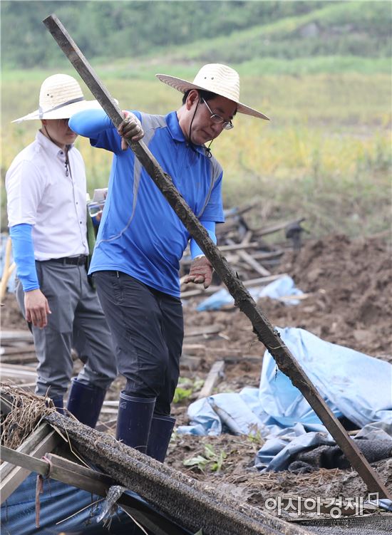 김영록 농림축산식품부 장관은 24일 충북 괴산 호우 피해지역을 방문해 일손돕기를 진행했다.